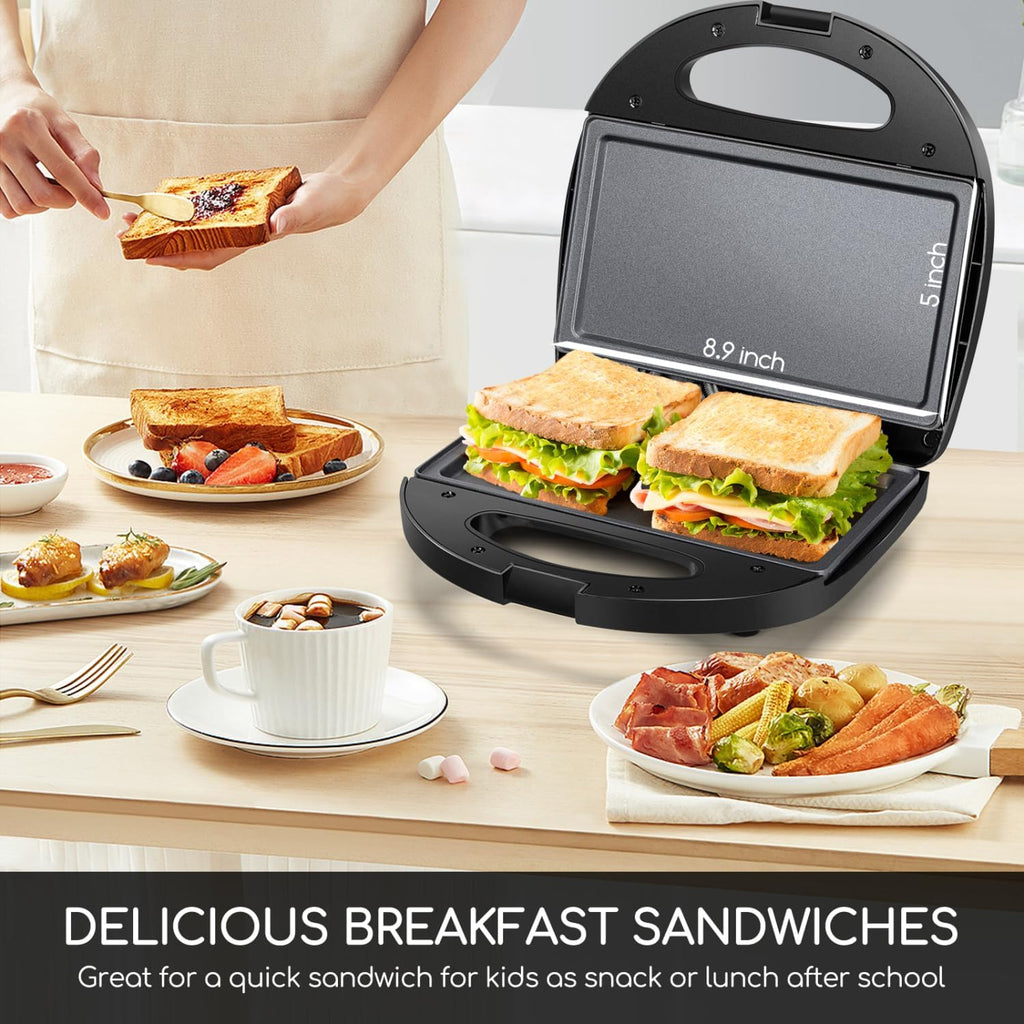 Aigostar Tostadora de Sándwich con Superficie de Parrilla Profunda Antiadherente para Huevo, Jamón, Bistecs Parrilla Eléctrica Compacta Negra, Certificado ETL, Roy