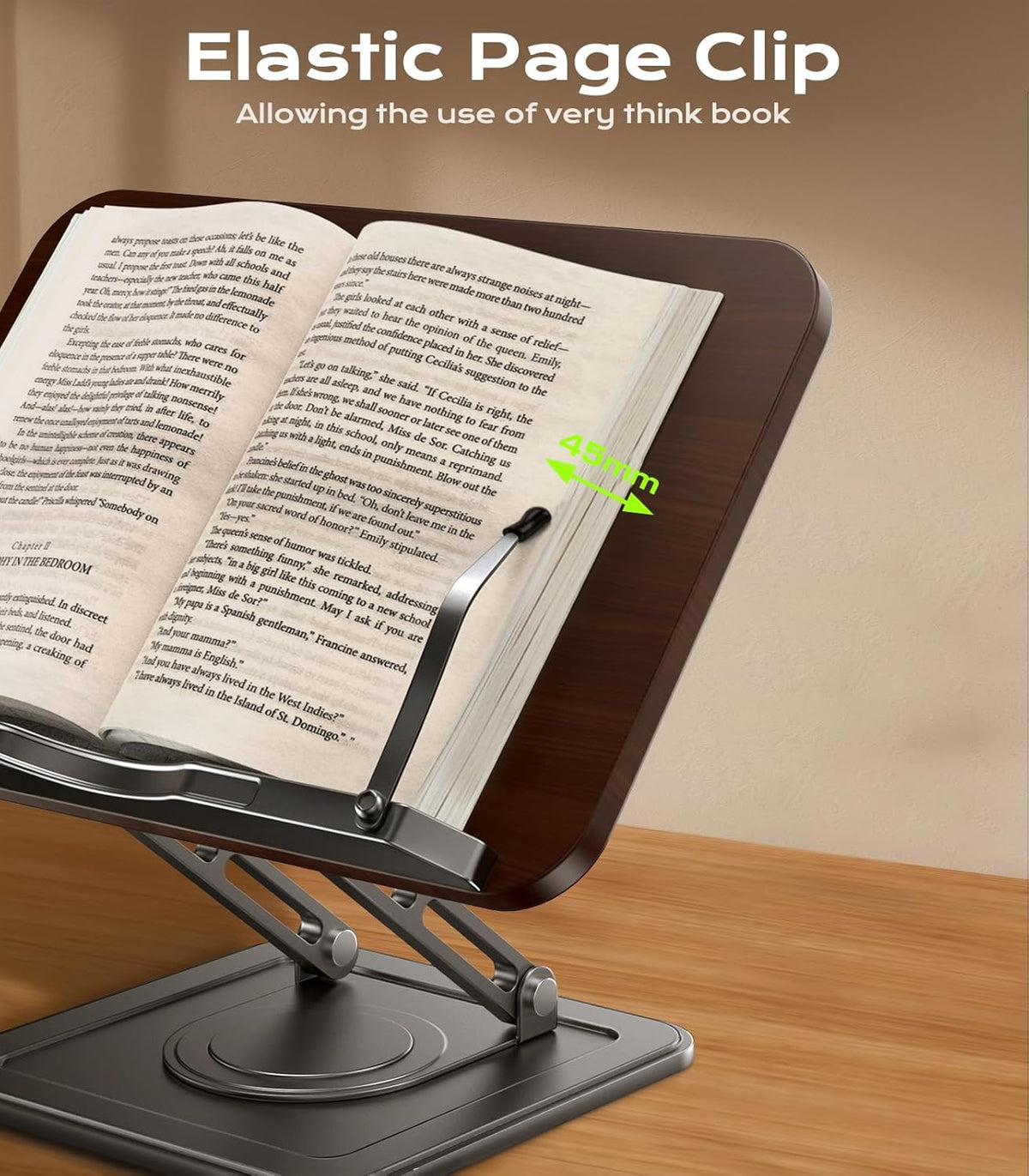 Soporte de libro para lectura, soporte giratorio de 360° con clip de