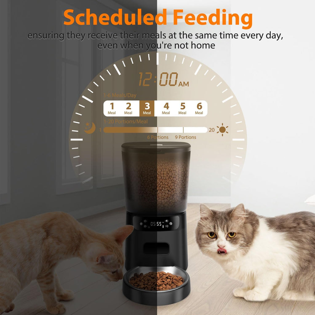 Comederos automáticos para gatos para dos gatos, dispensador automático doble de comida para gatos de 5 litros/20 tazas con 2 cuencos inoxidables, ajuste de temporizador, 20 porciones, 6 comidas por