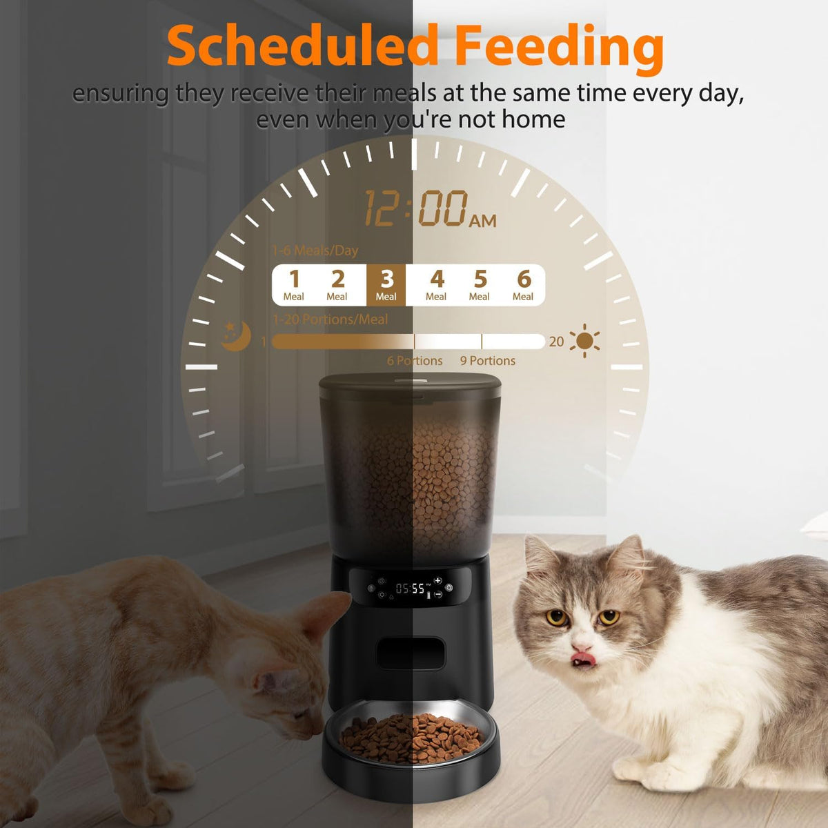 Comederos automáticos para gatos para dos gatos, dispensador automático doble de comida para gatos de 5 litros/20 tazas con 2 cuencos inoxidables, ajuste de temporizador, 20 porciones, 6 comidas por