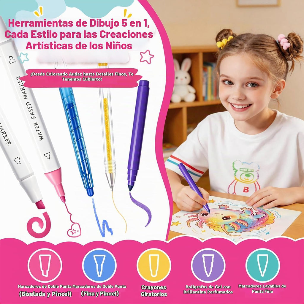 DreamyCandy Juego de 70 marcadores lavables para niños de 4 a 8 años, set de arte de ajolote