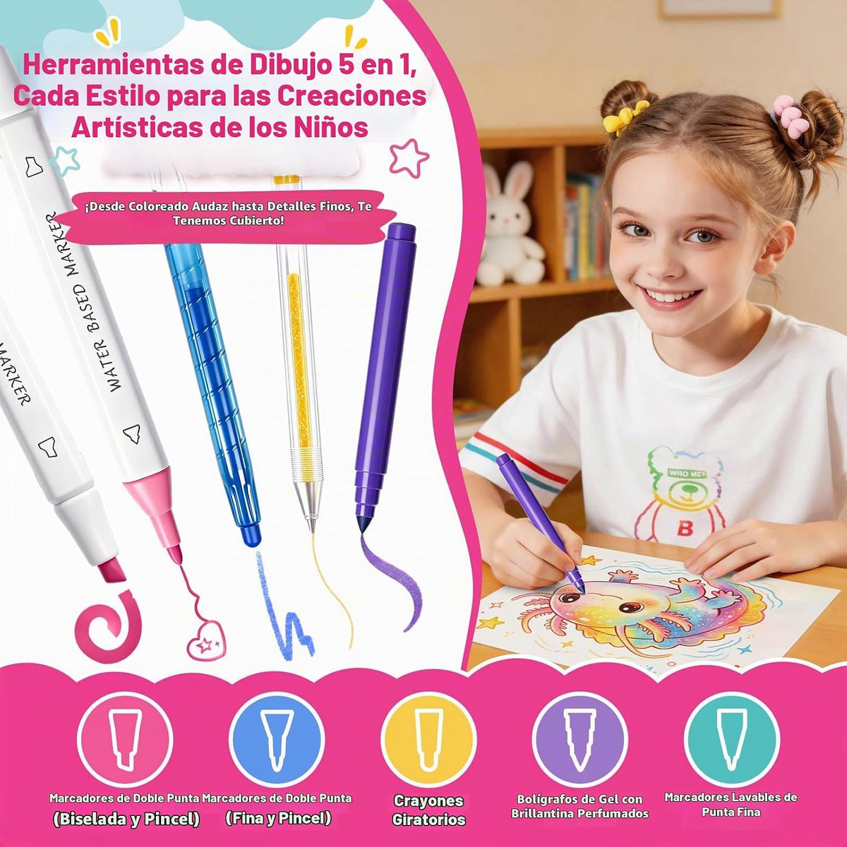 DreamyCandy Juego de 70 marcadores lavables para niños de 4 a 8 años, set de arte de ajolote