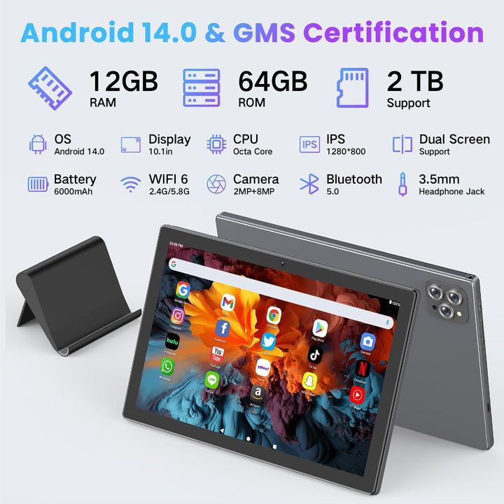FIEKVE Tableta Android 14 de 10.1 pulgadas para adultos, Octa-Core,...