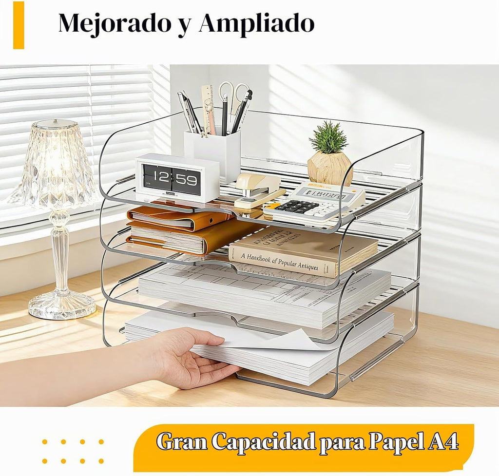 Organizador de escritorio de oficina transparente para papel de letras A4, horizontal de 4 niveles