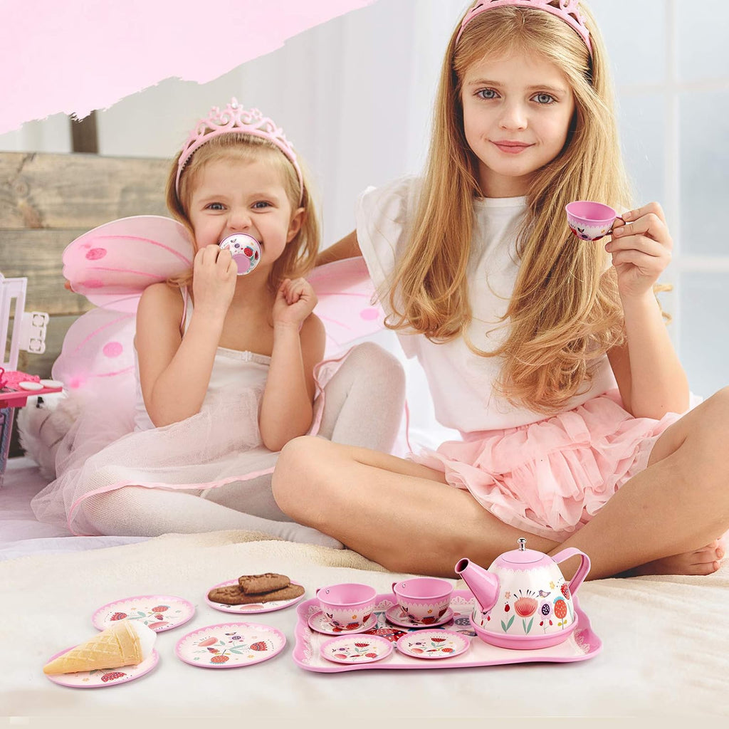 D-FantiX Juego de té para niñas pequeñas, 15 piezas, juego de té de lata