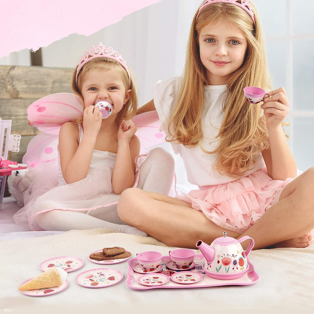 D-FantiX Juego de té para niñas pequeñas, 15 piezas, juego de té de lata