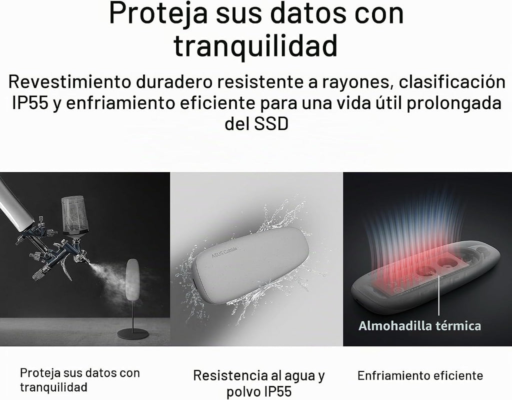 ASUS Cobble Carcasa SSD M.2, sin herramientas, USB-C 10 Gbps externa NVMe/SATA, refrigeración de aluminio, IP55 resistente al agua y al polvo, compatible con M.2 2230-2280, para PS5, MacBook y Windows, gris, 1 año de garantía