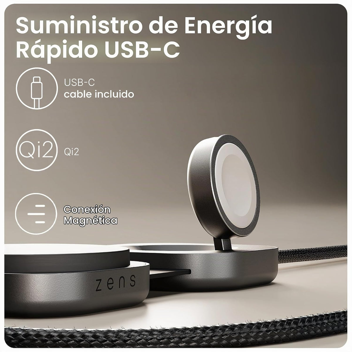ZENS MagSafe - Cable cargador USB-C con cargador de Apple Watch para MacBook y iPhone, Qi2 de 15 W, requiere adaptador de 65 W+, no incluido, cable Pro 3, certificado MFi, 4.9 pies, color negro
