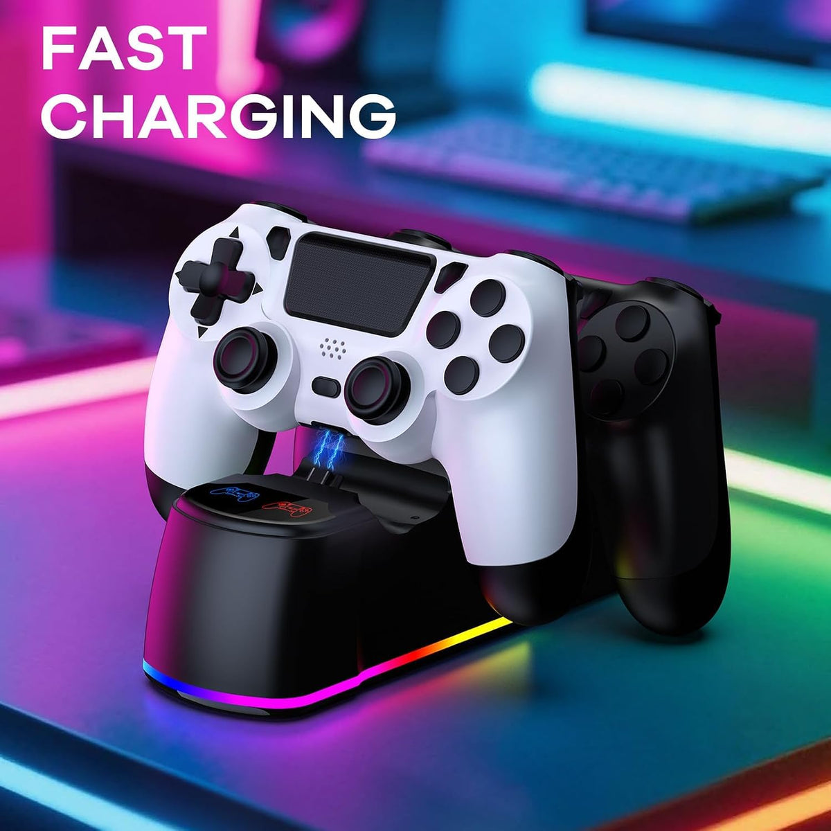 AROEVEIB Paquete de 2 Mandos con Base de Carga para Controlador PS4, Gamepad Inalámbrico con Estación de Carga LED y 2 Cables USB