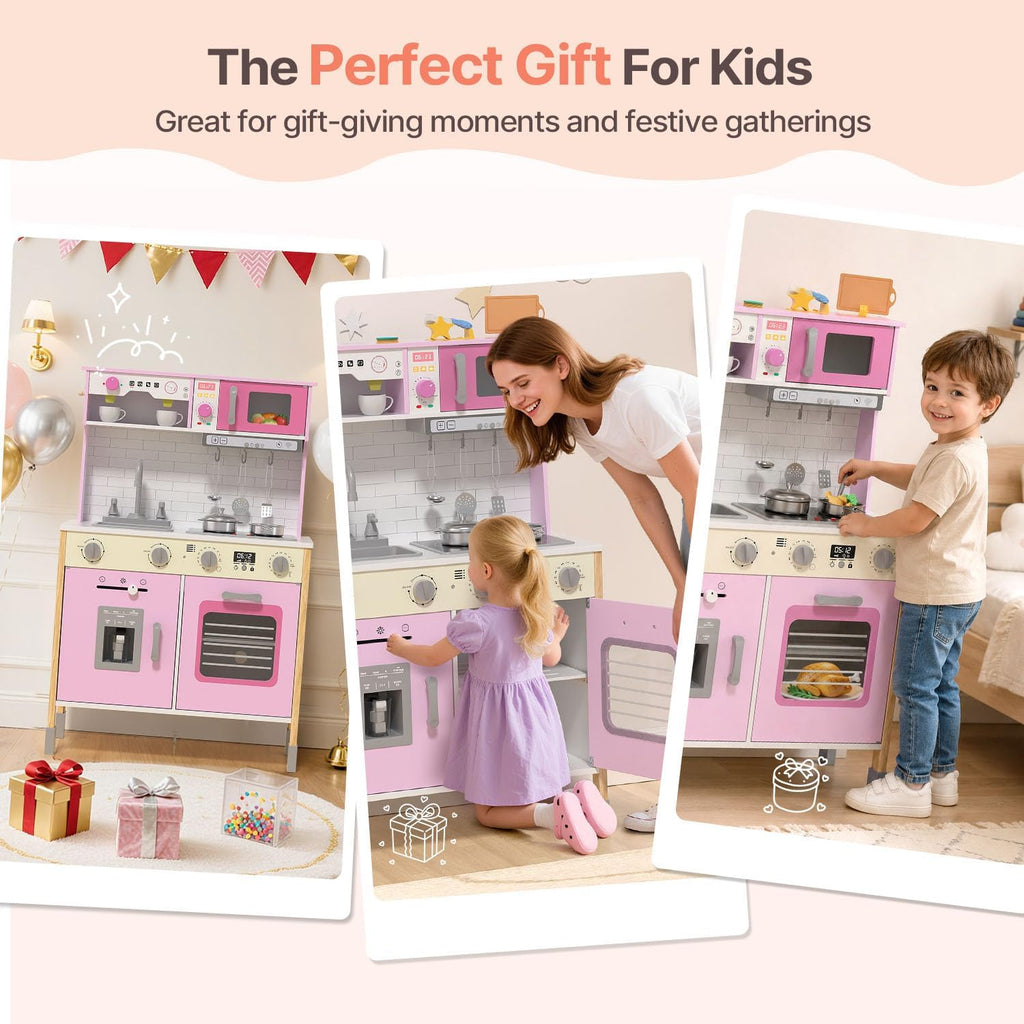 Cocina de madera para niños, altura ajustable, luces reales