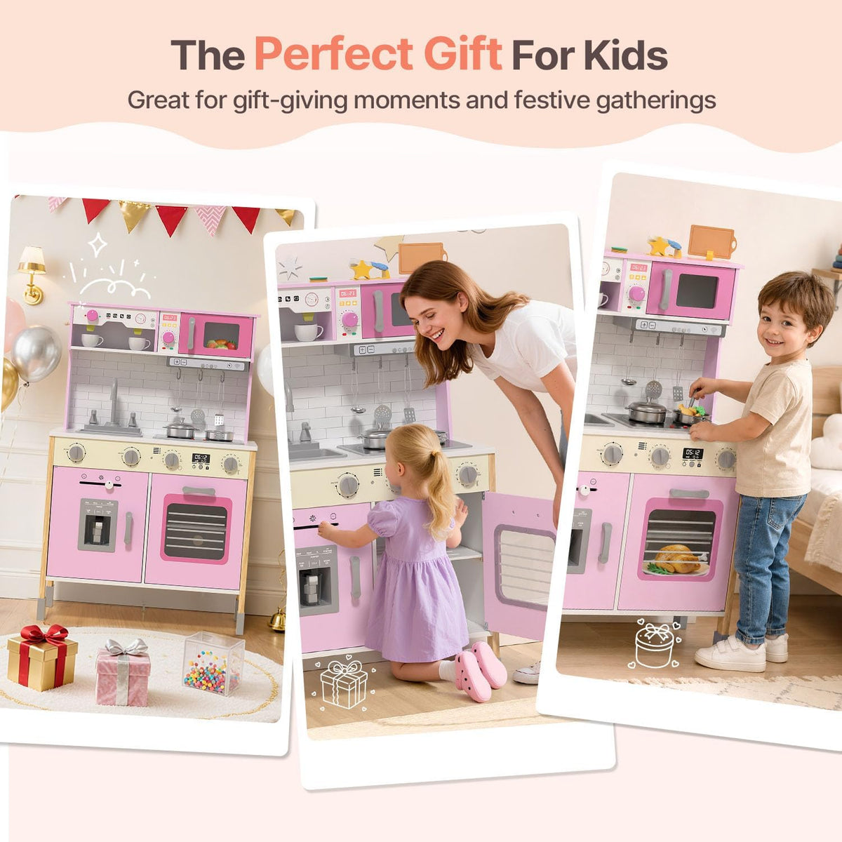 Cocina de madera para niños, altura ajustable, luces reales