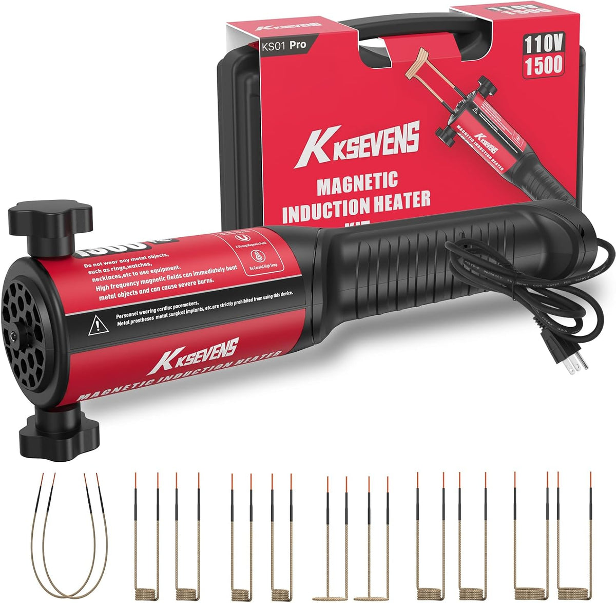 Calentador de inducción 1500W 110V Eliminación de pernos Herramienta de calentamiento por inducción magnética manual con 12 bobinas para quitar tornillos oxidados, Rojo