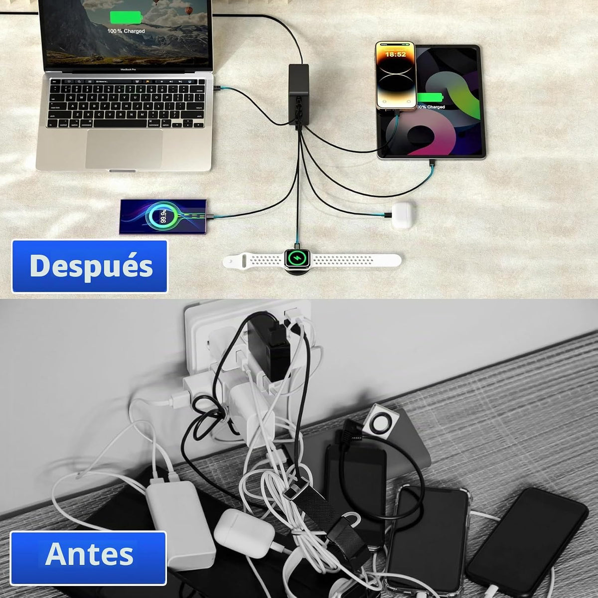Cargador USB C Bloque 200W PD QC3.0 GaN 7 Puertos Estación de carga rápida