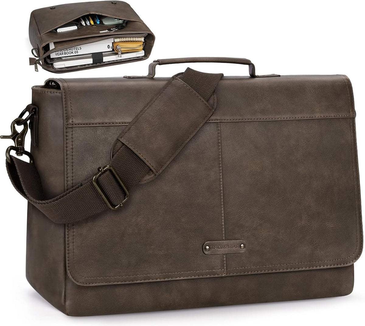 RAINSMORE - Bolso bandolera vintage con solapa para hombres, de PU, para laptop de 15.6 pulgadas, portafolio impermeable, bolso para computadora