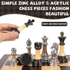 Juego de ajedrez de lujo grande de metal y acrílico con tablero de ajedrez de madera (17 pulgadas), piezas de metal ponderadas con tamaño King de 3.5 pulgadas, juego de ajedrez de torneo plegable para adultos y niños, juego de mesa familiar profesional