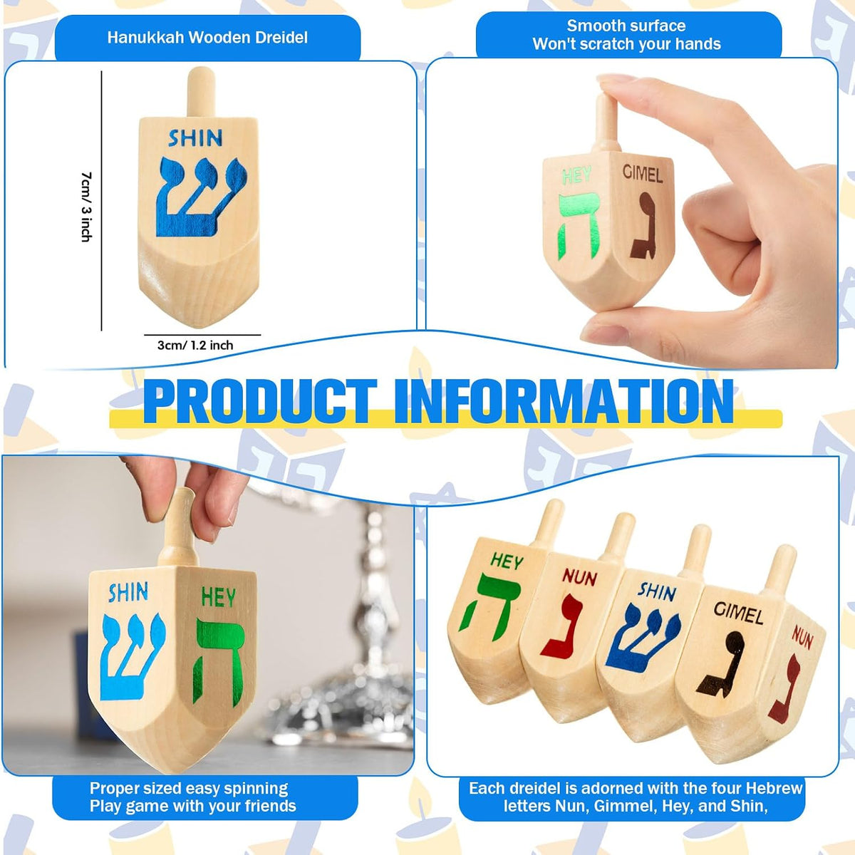 Libima 100 Dreidels de madera natural de Hanukkah Dreidels para decoración de fiestas de Hanukkah, proyectos, manualidades, suministros de fiesta familiar (2.7 pulgadas)
