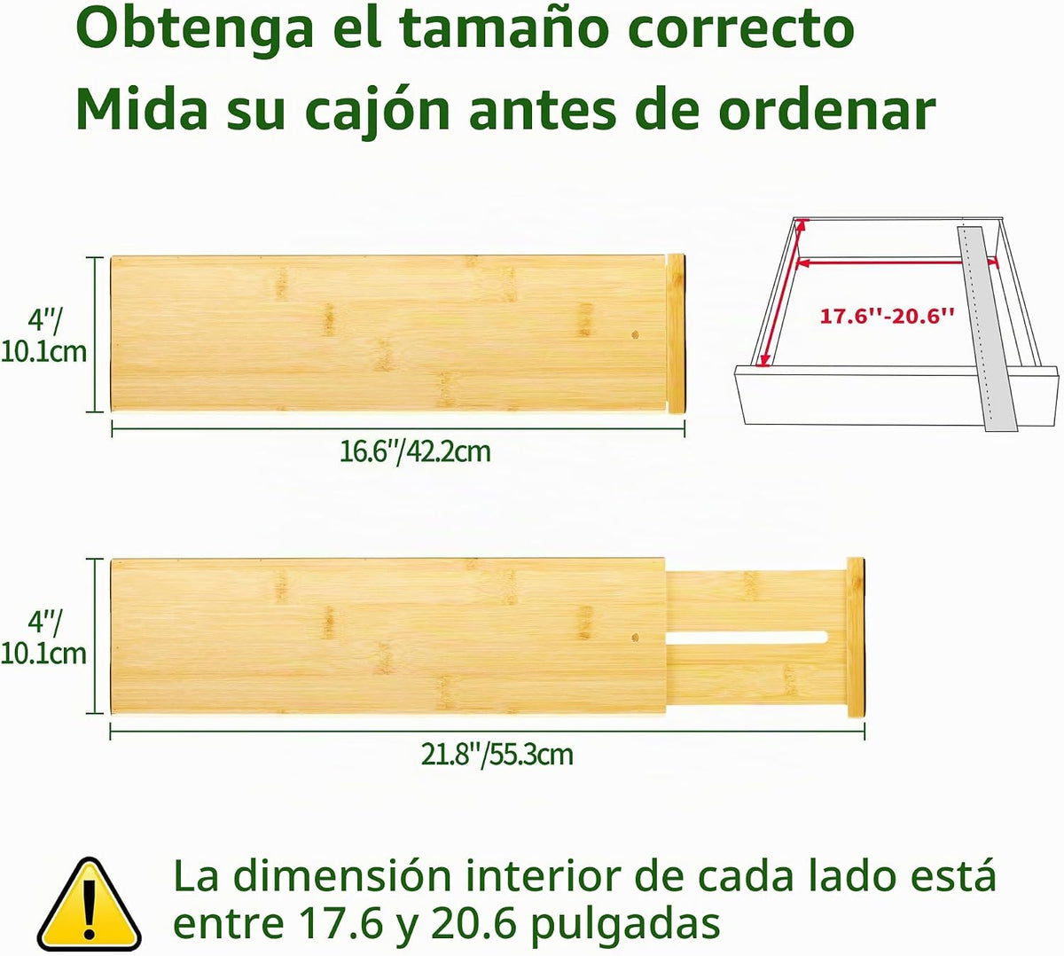 VaeFae Paquete de 6 separadores de cajones de bambú, 4 pulgadas de alto ajustables de 16.6 a 21.8 pulgadas, separadores expandibles para dormitorio, baño, cocina, oficina