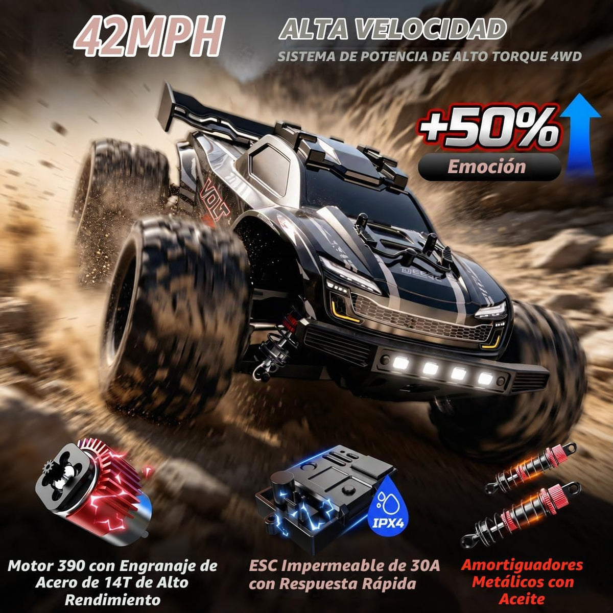 DEERC 9312E Coche RC de escala 1/18, rápido, 42+ KPH, 4WD Off Road, control remoto