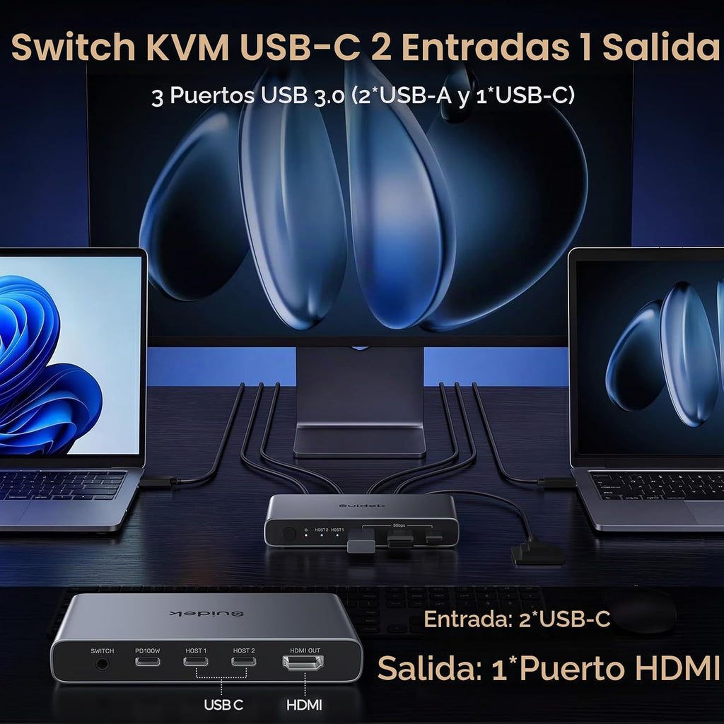 Conmutador KVM USB C 1 Monitor 2 Computadoras - 3 Puertos USB 3.0 4K