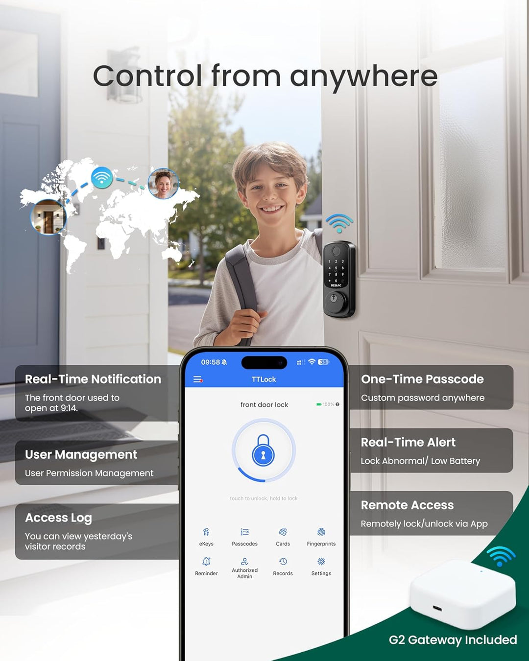 DESLOC Smart Lock B200 versión WiFi, cerradura de puerta de entrada...