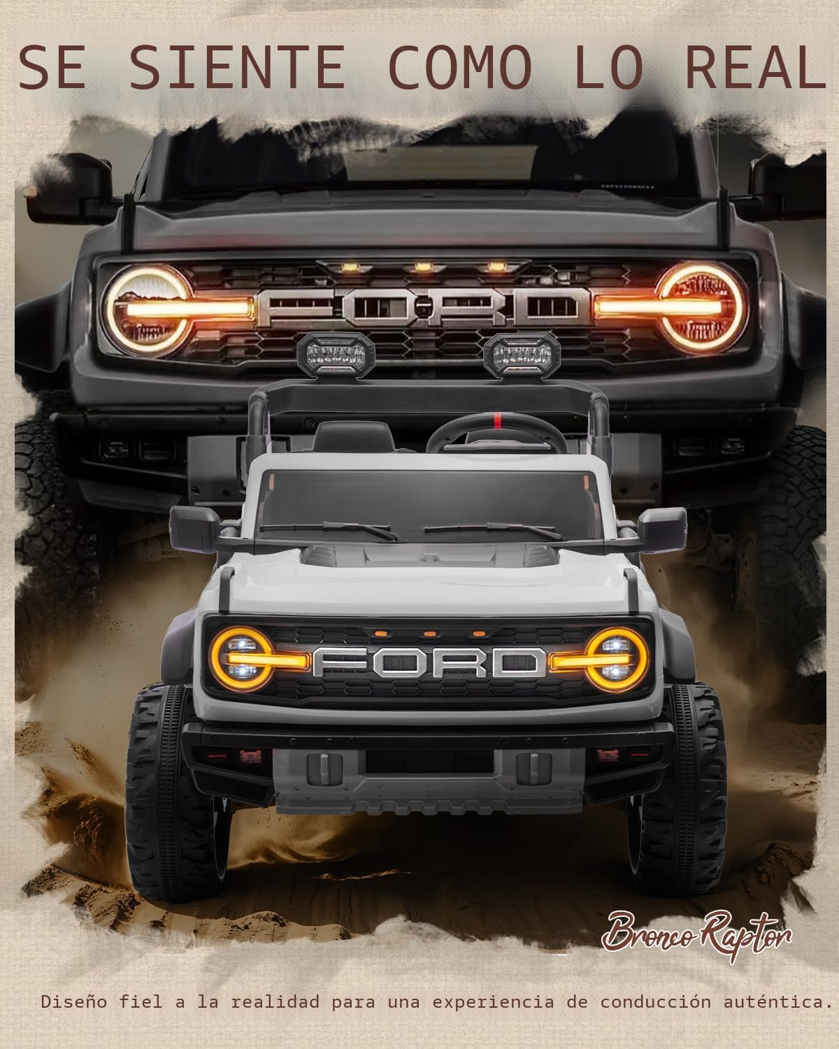 First Ride On - Coche de juguete con licencia Ford Bronco Raptor de 24 V y 2 plazas para niños, coche eléctrico con batería, control remoto con luces LED, música, alta y baja velocidad (24 V, blanco)