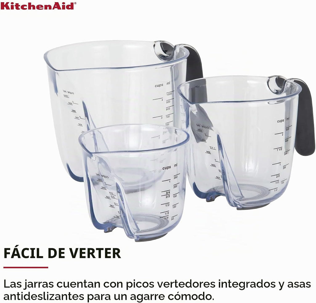 KitchenAid Juego de 3 tazas medidoras en ángulo universales Easy View, transparentes con asas negras