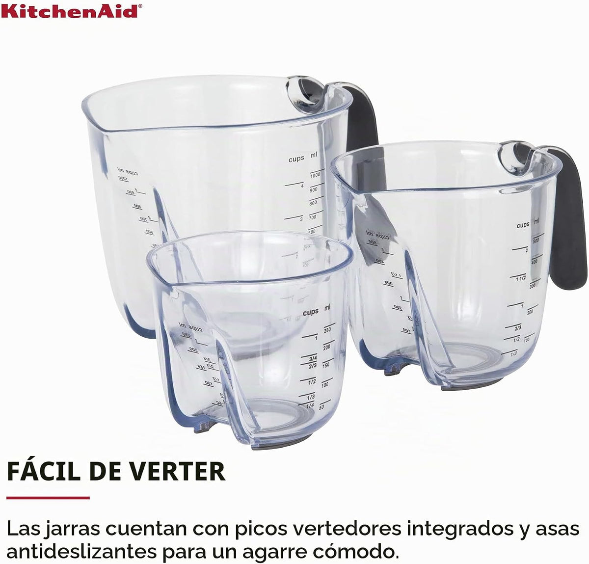KitchenAid Juego de 3 tazas medidoras en ángulo universales Easy View, transparentes con asas negras