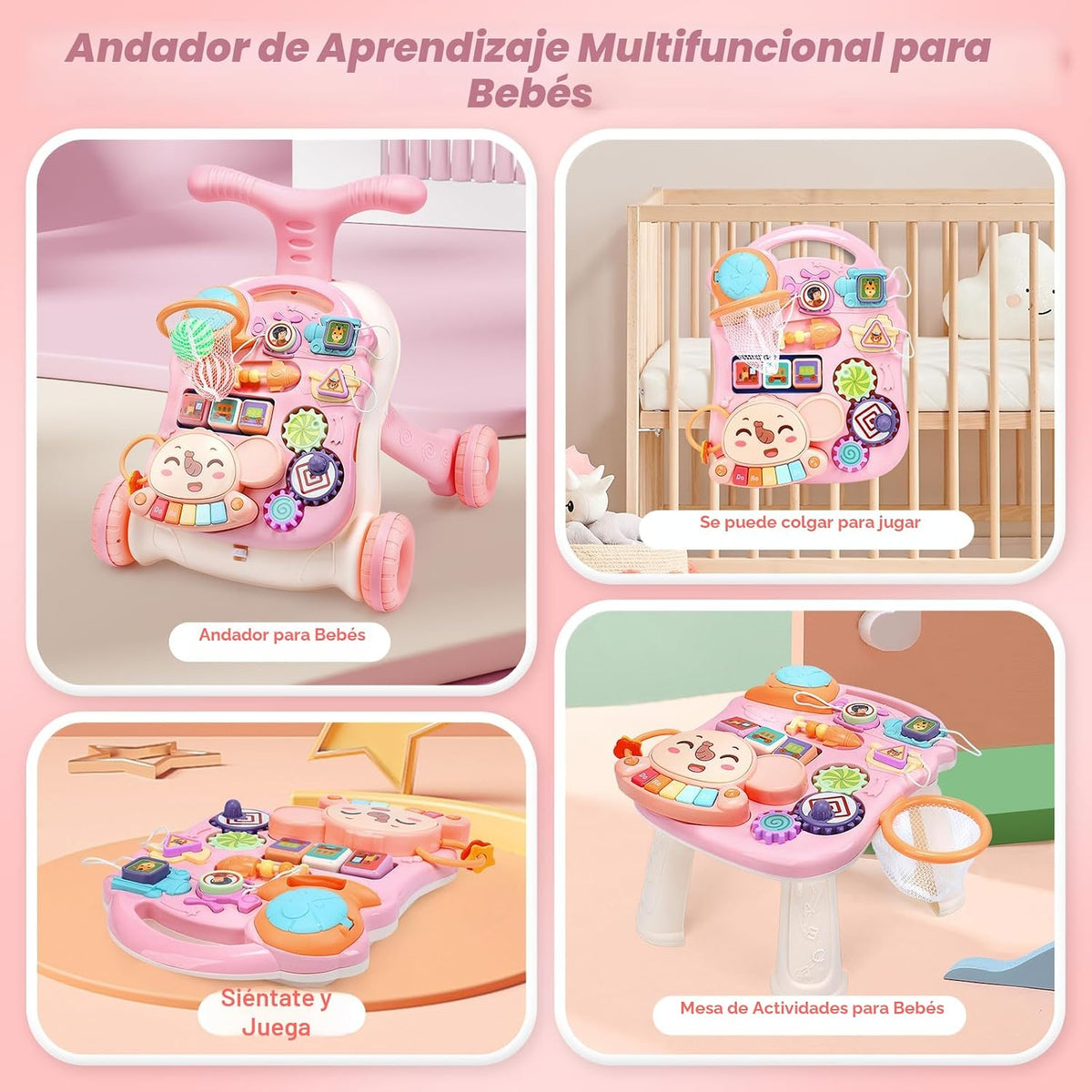 CUTE STONE Andador de bebé 2 en 1 para niñas, andador de aprendizaje para niños pequeños, juguetes educativos tempranos para empujar y caminar con centro de actividades desmontable para bebés de 12+