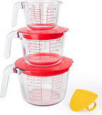 Juego de 6 tazas medidoras de vidrio con tapas (colador incluido) – 1 taza/2 tazas/4 tazas con asas de fácil agarre, medición de líquidos de cocina