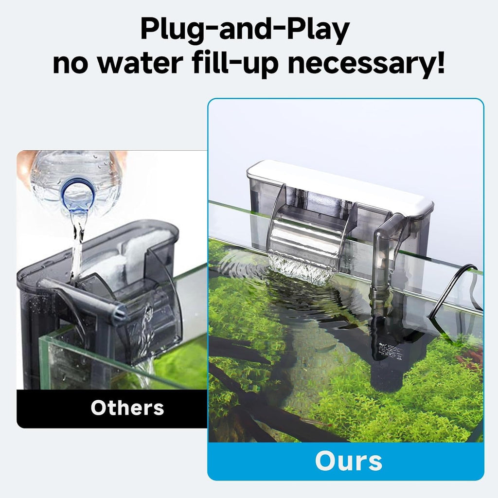 AQQA - Filtro silencioso para tanque de peces de 20-30 galones - Filtro de acuario colgante en la parte posterior con inicio automático, flujo ajustable de 6W/8W, sistema de filtro de desodorización y