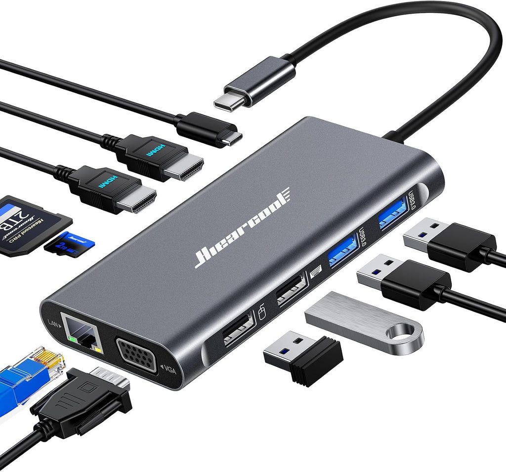 Hiearcool USB C Docking Station, 11-en-1 Dock, HDMI, VGA, Ethernet, Grey