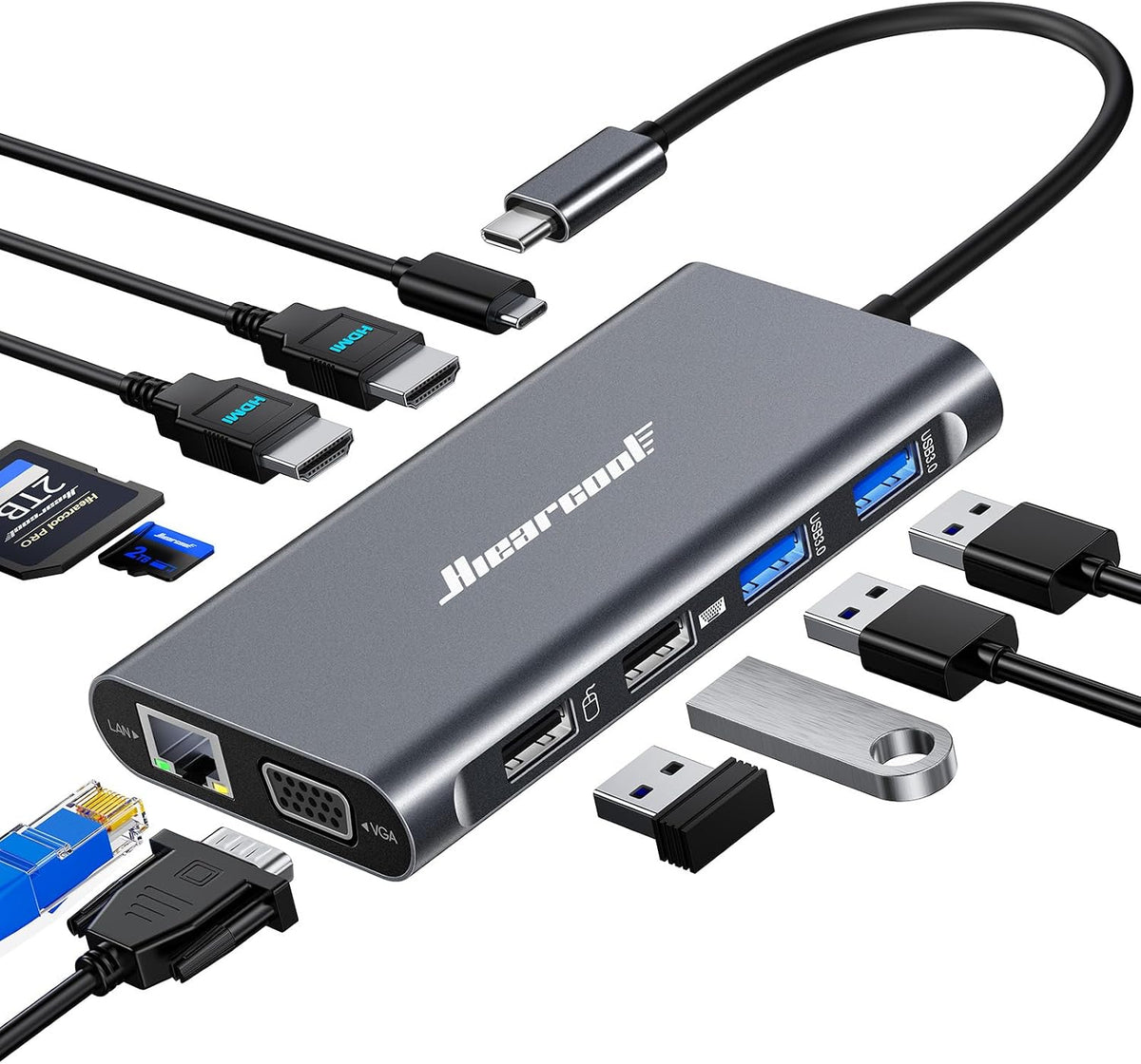 Hiearcool USB C Docking Station, 11-en-1 Dock, HDMI, VGA, Ethernet, Grey