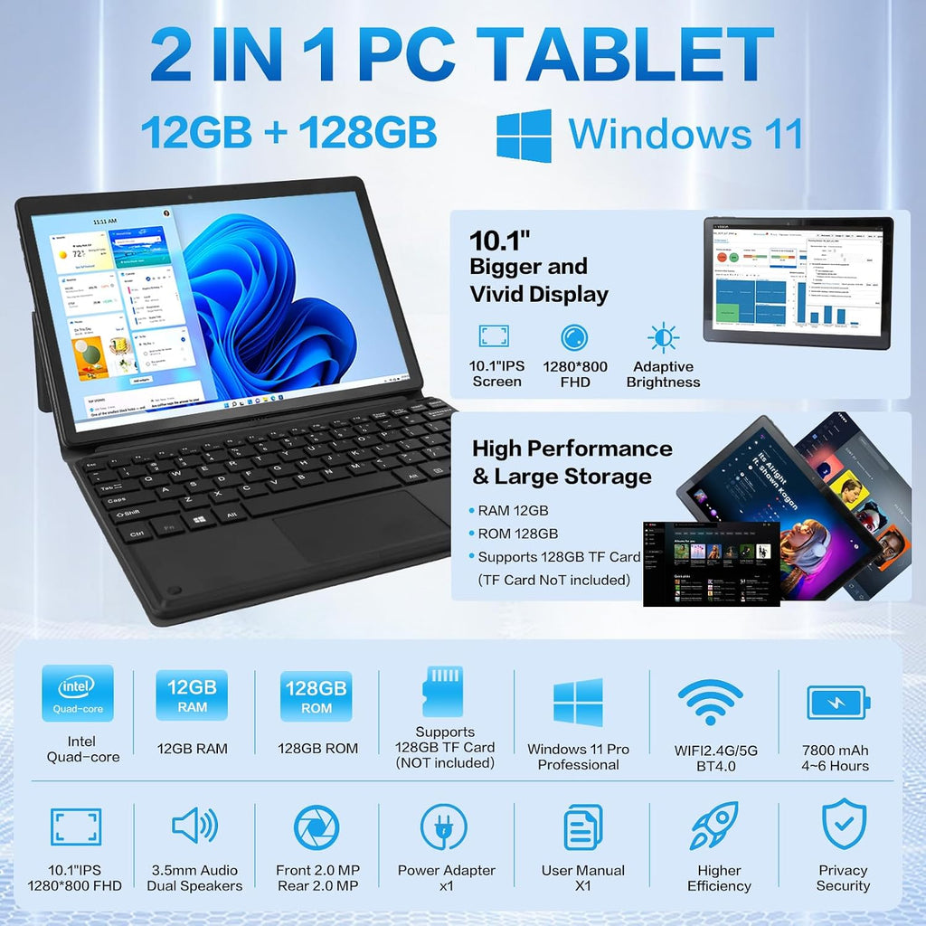 10.1" 2-en-1 ordenador portátil/tableta Windows, pantalla táctil FHD IPS, 12GB RAM 128GBSSD
