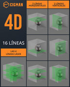 CIGMAN Nivel láser de 4 x 360° con 16 líneas con control remoto y APP, láser de línea cruzada autonivelante verde, línea vertical/horizontal 4D para construcción, renovación del hogar, colgar cuadros