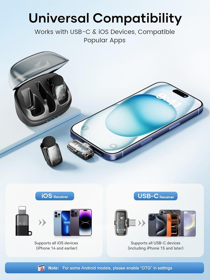 Micrófono Lavalier inalámbrico para iPhone, iPad y Android con fund...