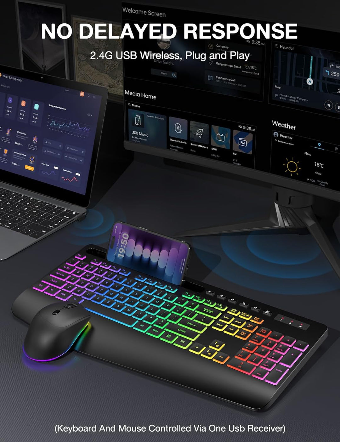 Combo de teclado y mouse inalámbricos, 9 efectos retroiluminados, R...