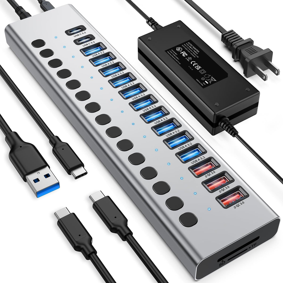 VANGREE, MK1-1200800C8, hub USB 3.2 de 17 puertos, alimentado, adaptador 12V/8A