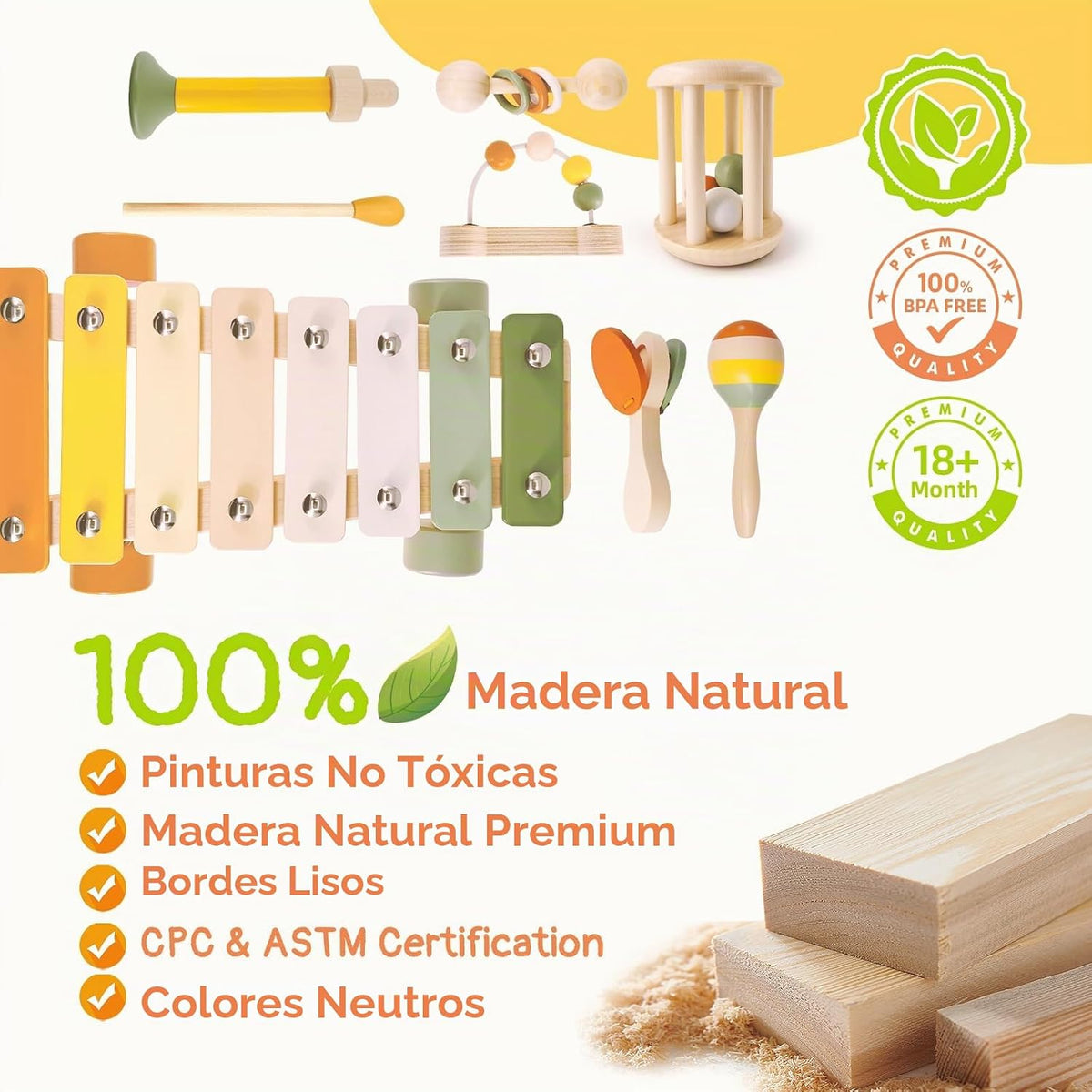 Instrumentos musicales de madera para niños pequeños de 2 años en adelante, xilófono Montessori, Maracas, sonajeros, trompeta, juguetes musicales para bebés con bolsa de almacenamiento, regalos para niños y niñas