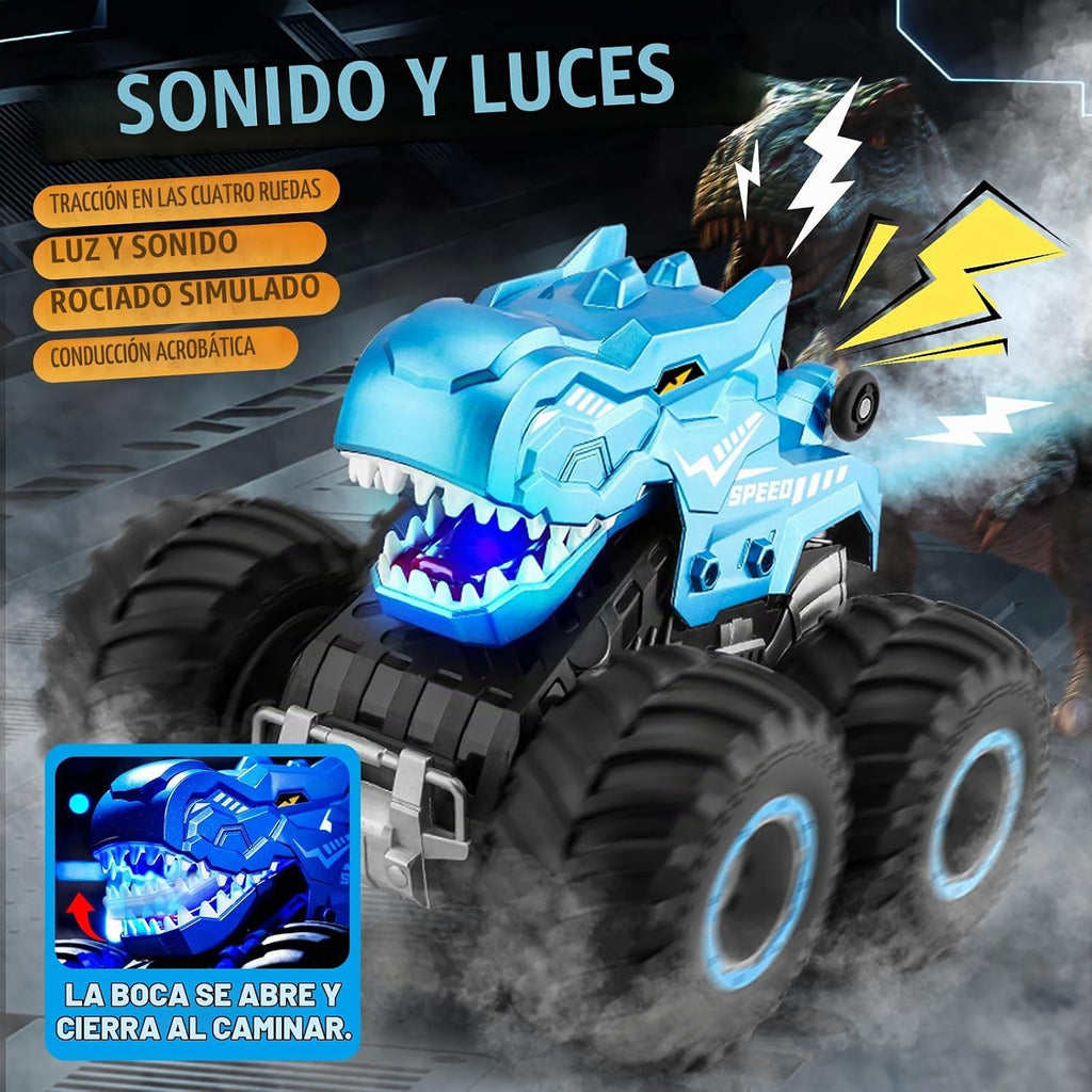 pinkking Monster Truck Juguetes Camión RC Dinosaurio, control remoto con luz y rociador, juguetes RC de dinosaurio para niños, giros de 360° y vehículo monstruo a la deriva con carga Tipo-C para