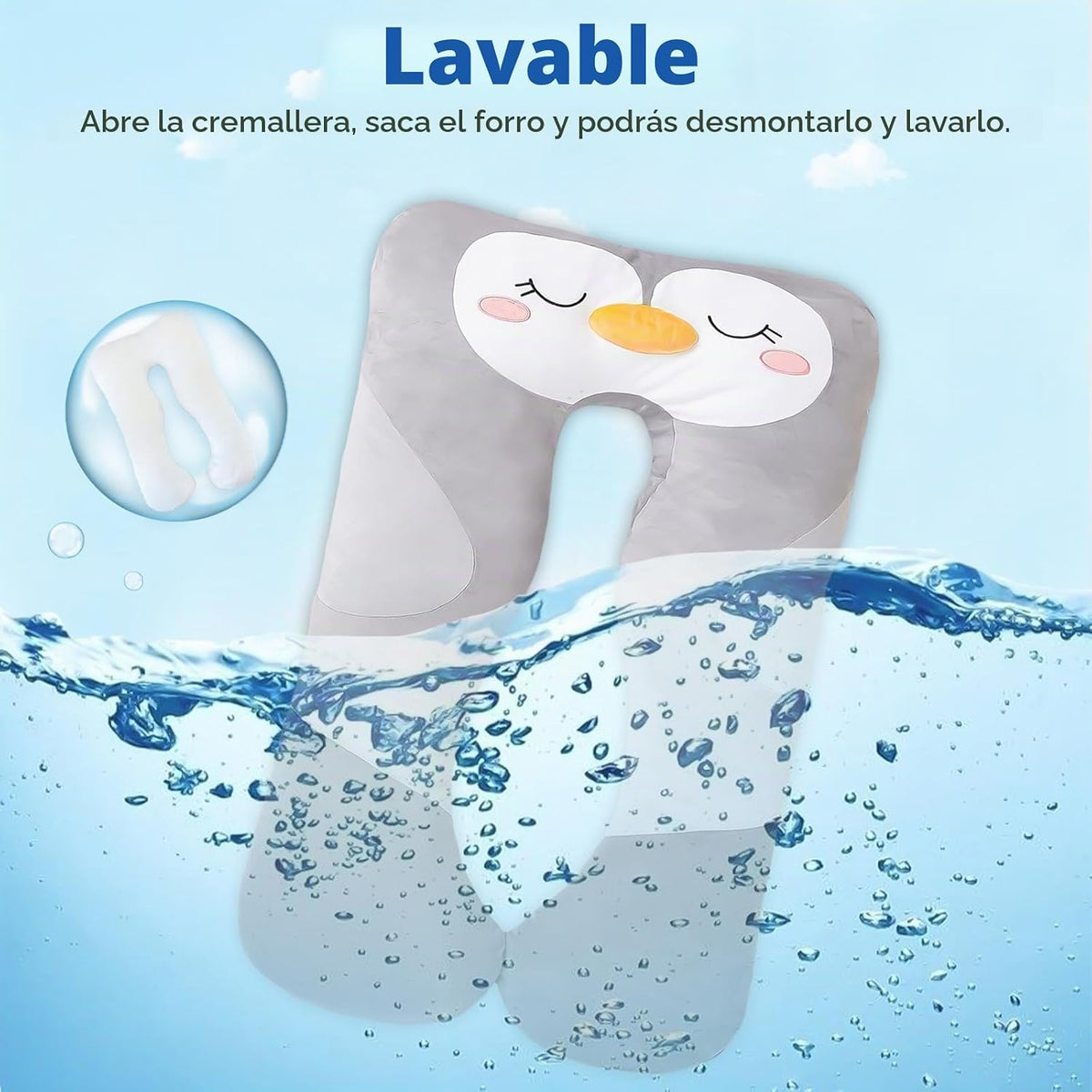 Almohada larga de felpa en forma de U de 47x23 pulgadas para niños, almohada grande y suave con forma de pingüino para dormir, peluches grandes y bonitos, funda lavable, regalo para niños y