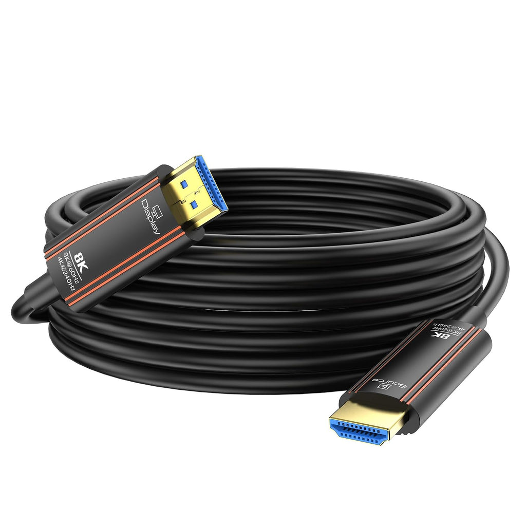 Cable HDMI de fibra óptica de 50 pies, 8K largo HDMI 2.1 cable 48Gbps ultra alta velocidad compatible 8K @60Hz 4K @240Hz dinámico HDR/eARC/HDCP 2.2 y 2.3/3D compatible con PS5 PS4 Xbox HDTV