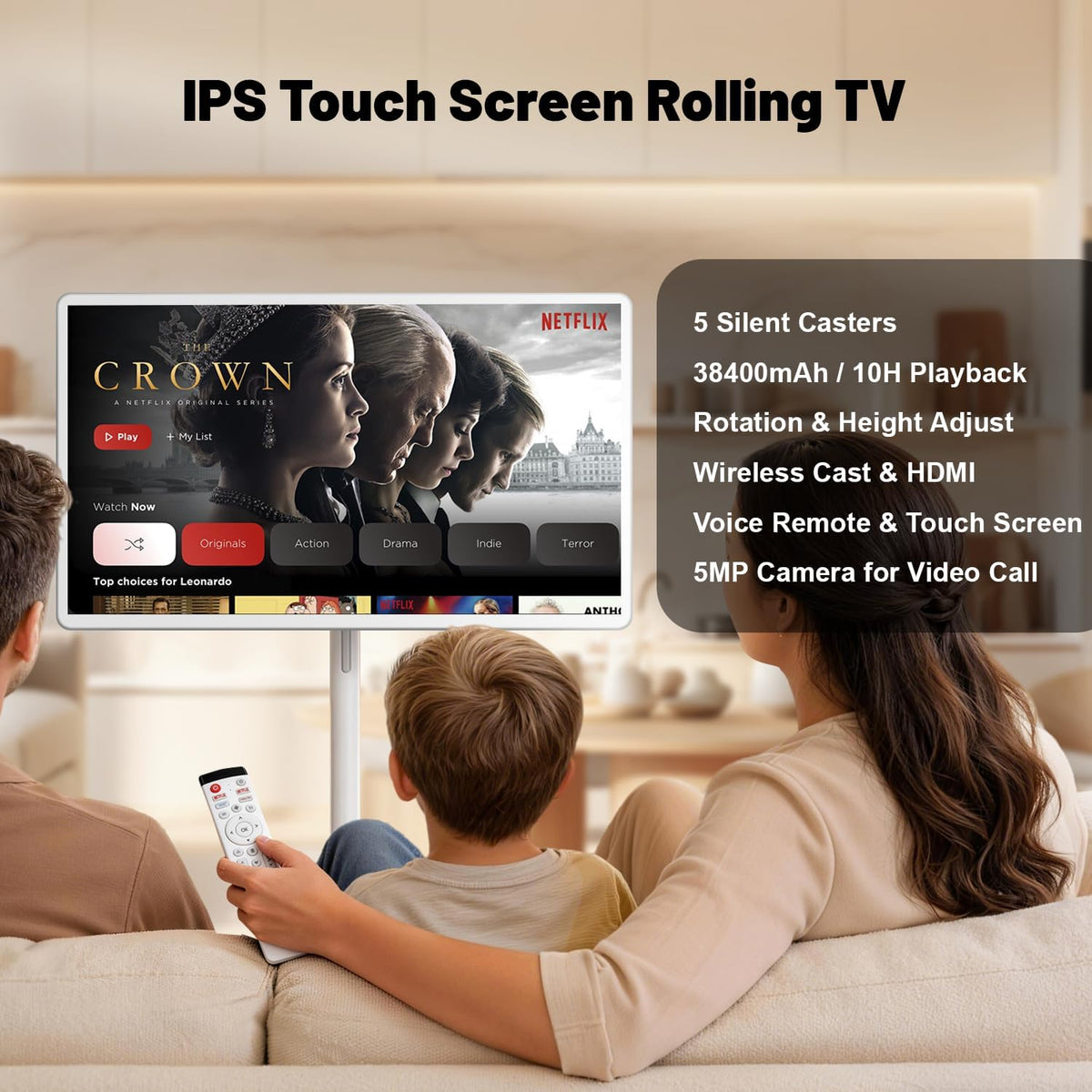 VLH Tableta de TV portátil inteligente de 32 pulgadas con soporte rodante, pantalla táctil de 1080P, batería incorporada de 38400mAh, Android 15, 8+128GB TV inalámbrico sobre ruedas con control remoto, rotación de 360°, cámara de 5MP
