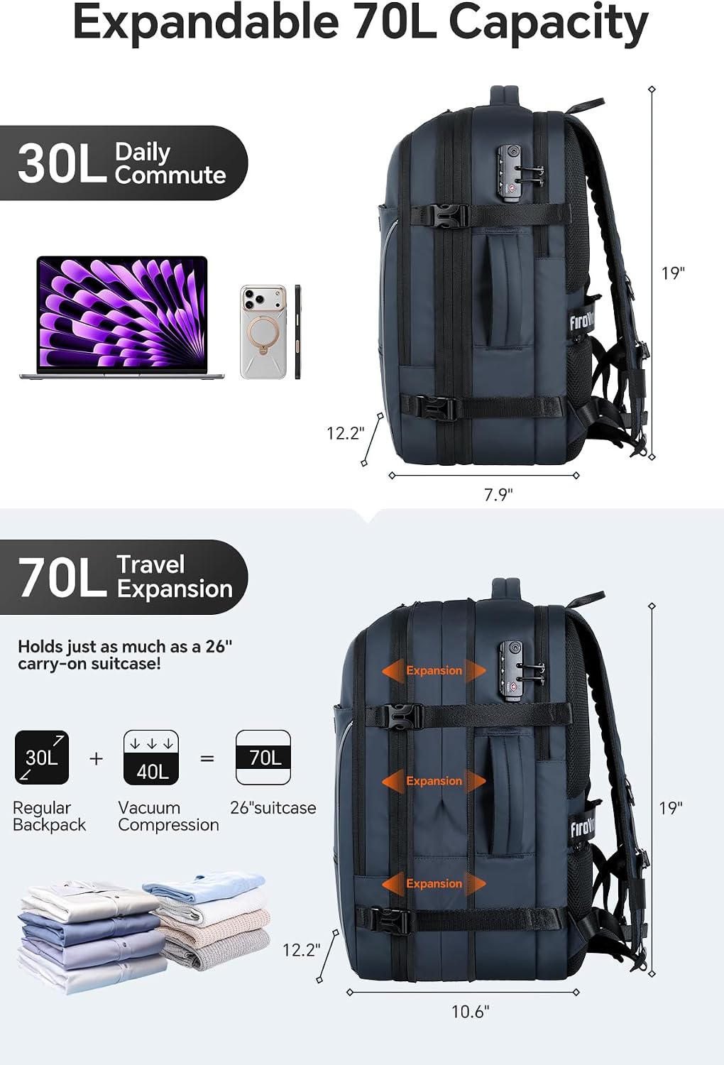 Mochila de viaje al vacío, mochila expandible de 70 litros con sistema de compresión, 2 bolsas de vacío de TPU desmontables, bloqueo TSA, resistente al agua, se adapta a portátiles de 16