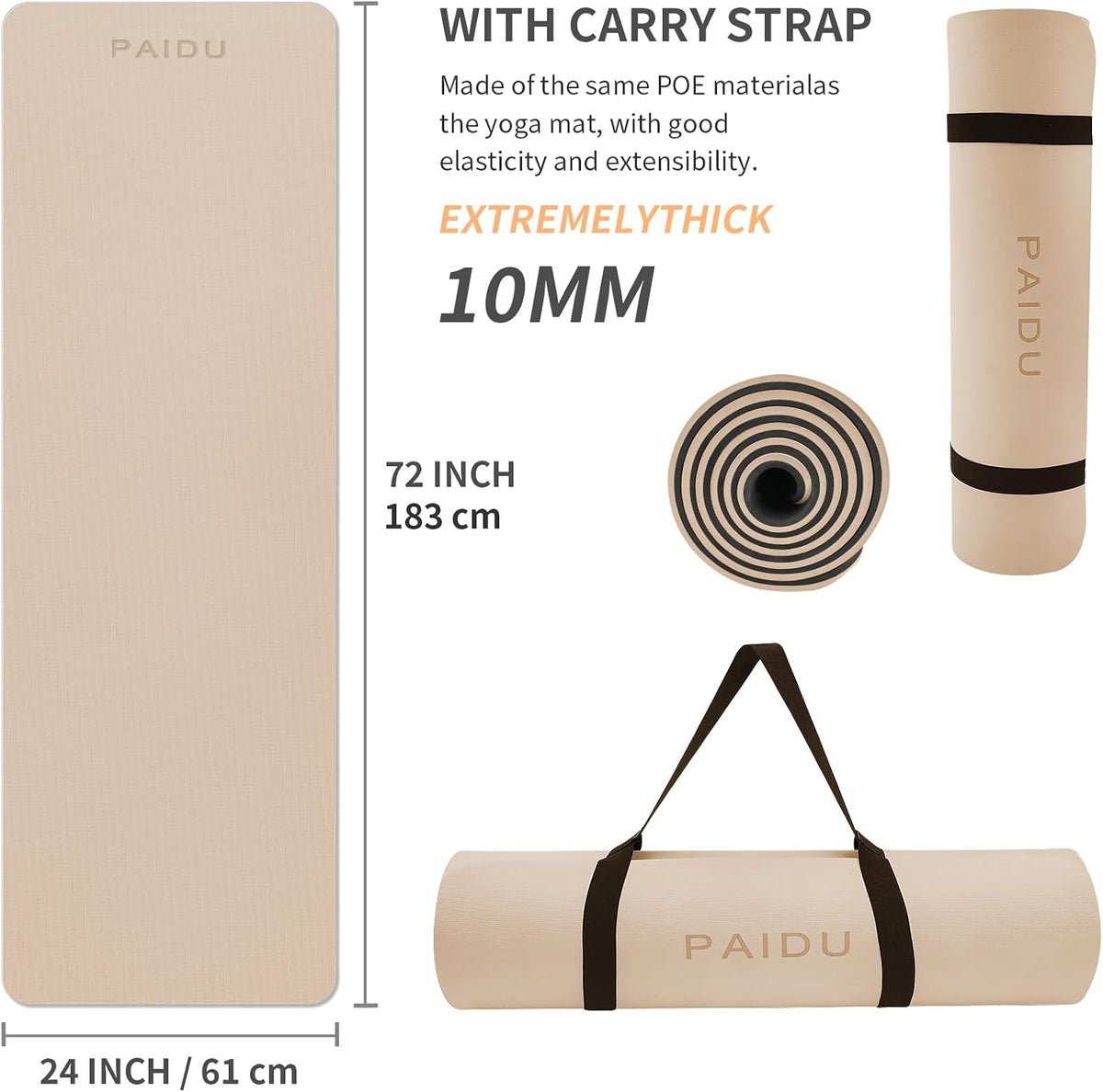 PAIDU POE Yoga Mat （10mm）Extra Thick Fitness Mat 72"x24" con Carry Strap