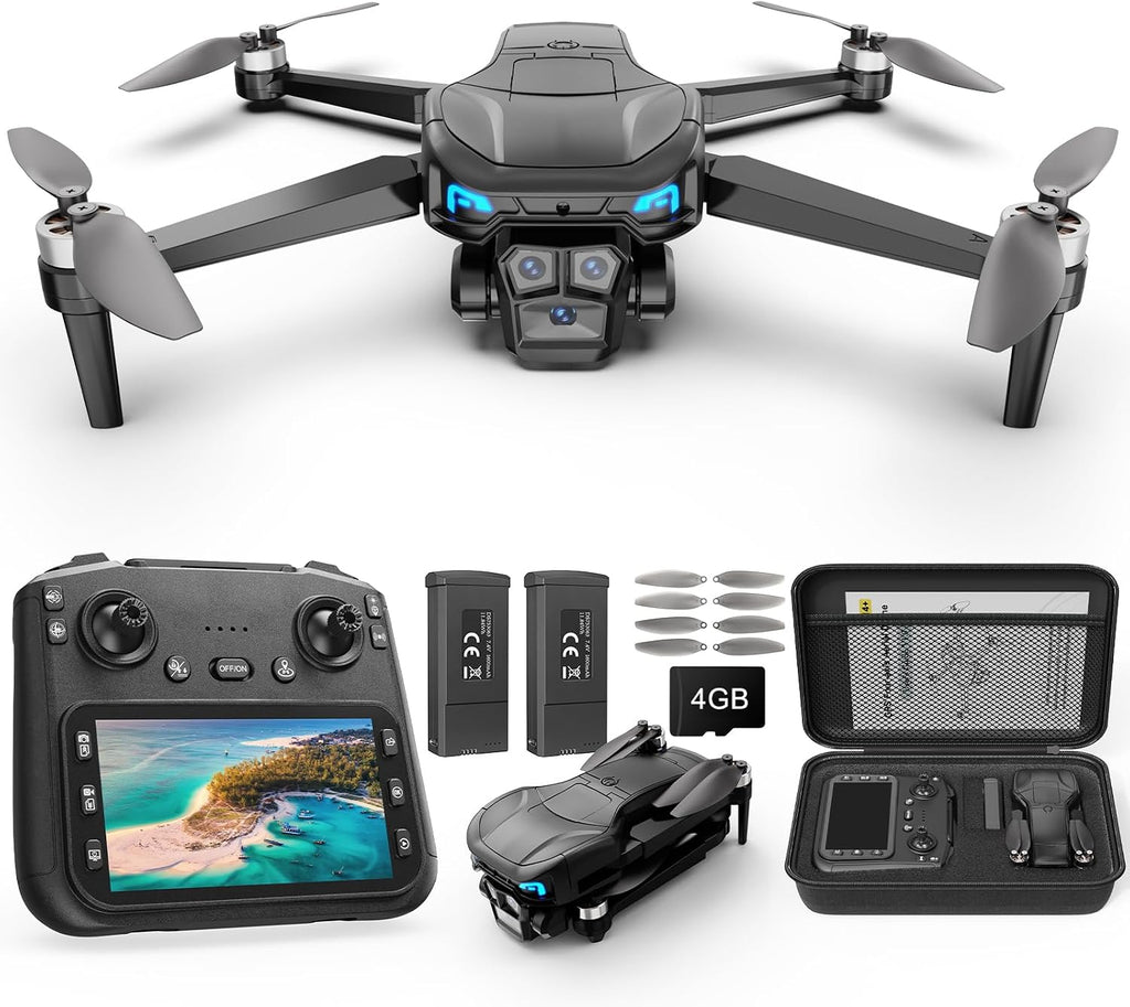 Drone con cámara para adultos 4K, dron GPS con controlador de pantalla de 4.5 pulgadas, motor sin escobillas, retorno automático GPS, cuadricóptero RC plegable con 60 minutos de tiempo de vuelo, menos