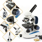 AmScope Microscopio monocular compuesto inalámbrico digital M158C-2L-E1, oculares WF10x y WF25x, aumento de 40x-1000x, iluminación LED superior e inferior con reóstato, Brightfield, condensador de una