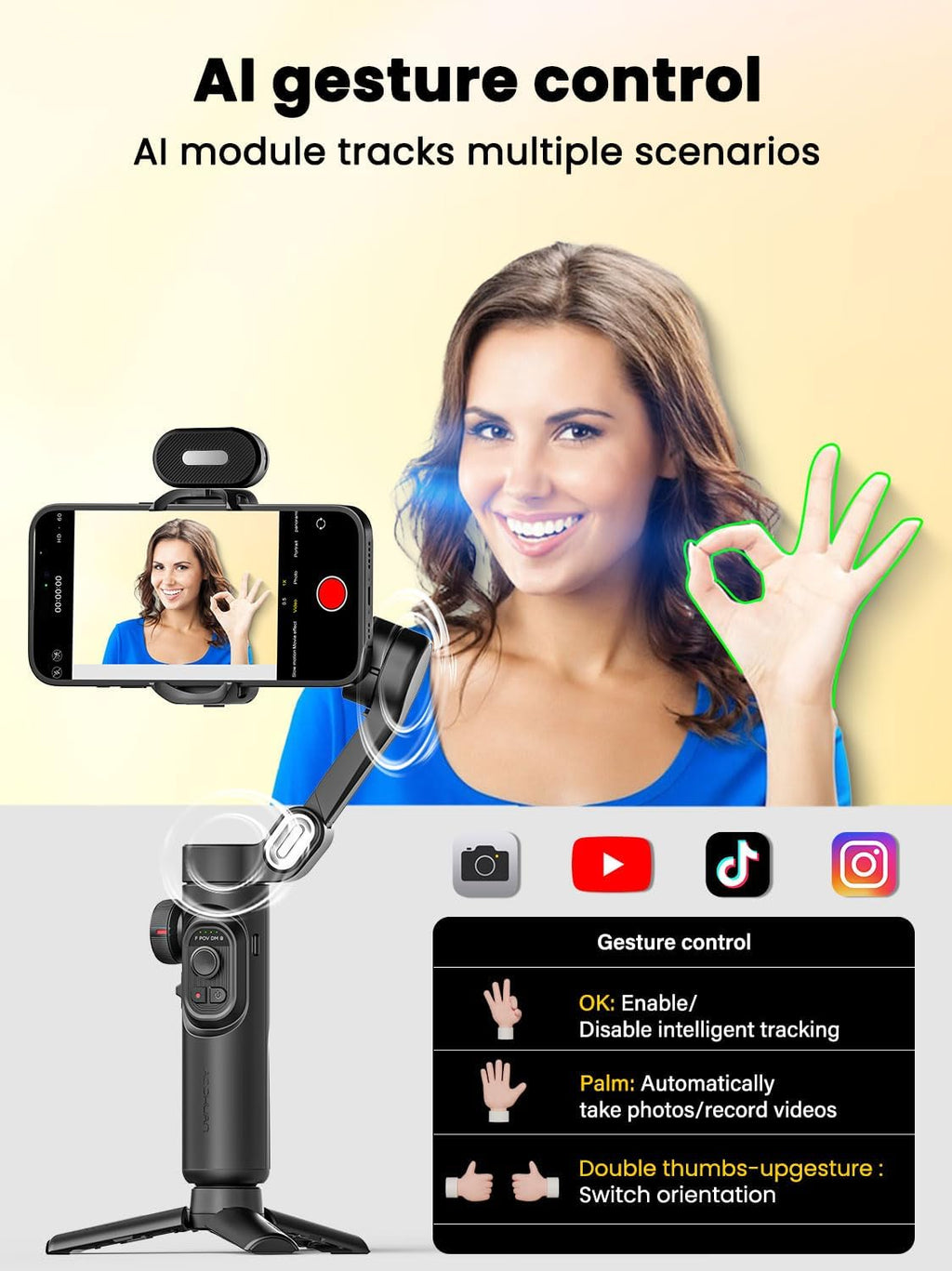AOCHUAN Versión XE AI, estabilizador gimbal para smartphone, seguimiento de IA sin aplicación, control de gestos, gimbal Inception de 360° con TikTok YouTube, trípode de mano plegable de 3 ejes para