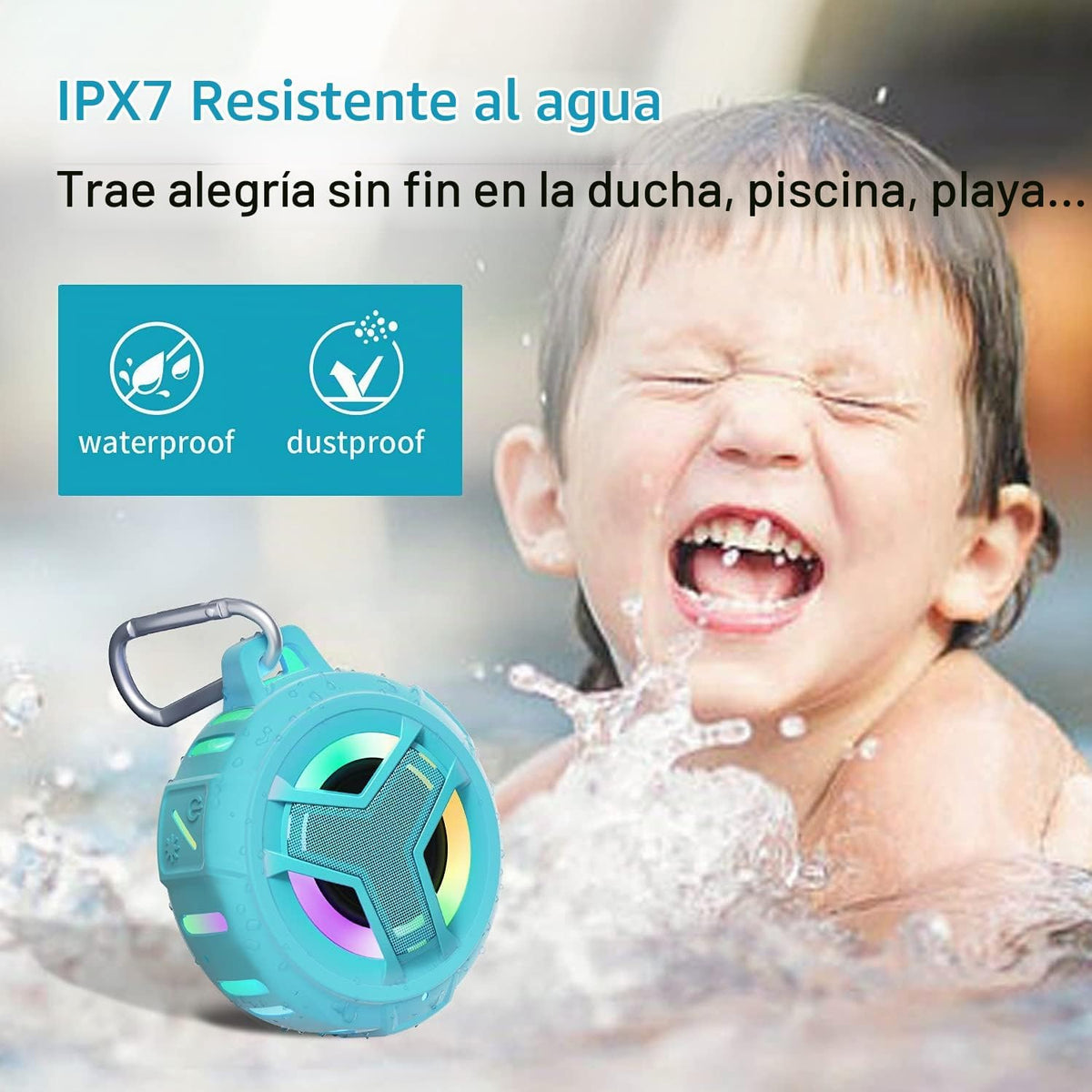 EBODA - Altavoz de ducha impermeable con Bluetooth, IPX7, flotante, portátil, inalámbrico, pequeños altavoces, tiempo de reproducción de 24H con luz RGB para kayak, playa, accesorios de piscina