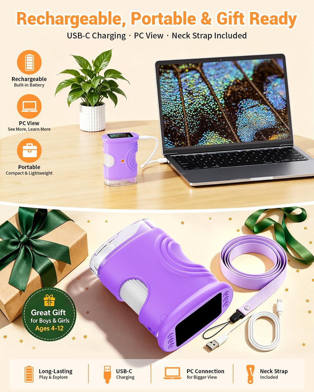 Microscopio portátil digital 1000X para niños, juguetes y regalos