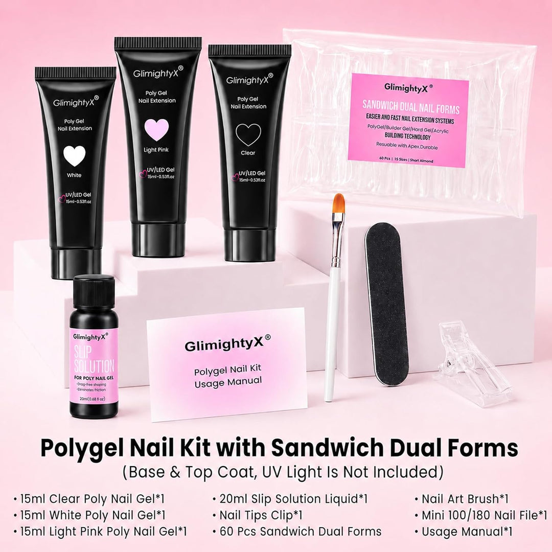 GlimightyX Kit de uñas de poligel con formas dobles sándwich, 3 col...